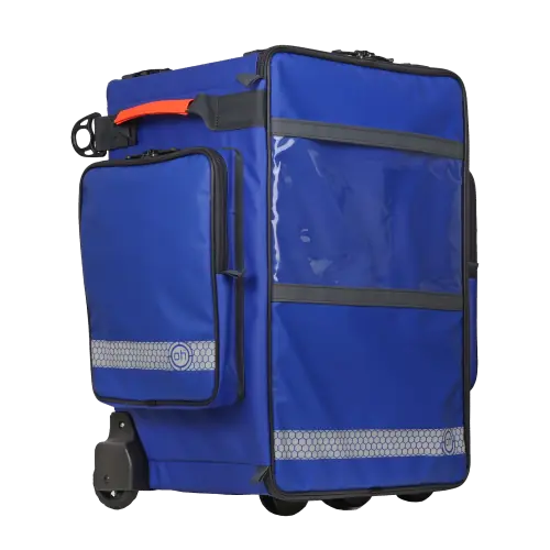 Blue Medical Transport Trolley – durable patient transfer trolley designed for safely carrying paramedic equipment and essential medical supplies.