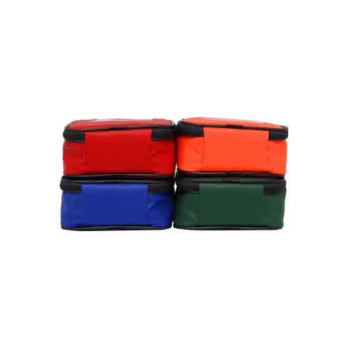 Pouch Set – four medical pouches in orange, red, blue, and green designed for the Medic Grab Bag, offering organised and hygienic medical storage.
