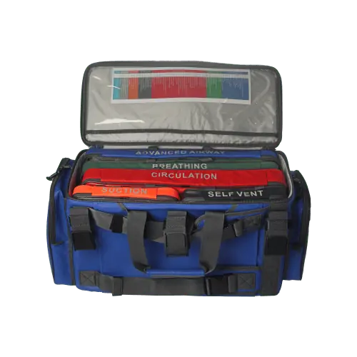 Blue Critical Care Patient Transfer Bag – durable transfer bag and professional equipment bag featuring labelled medical pouches for organised patient transfers.