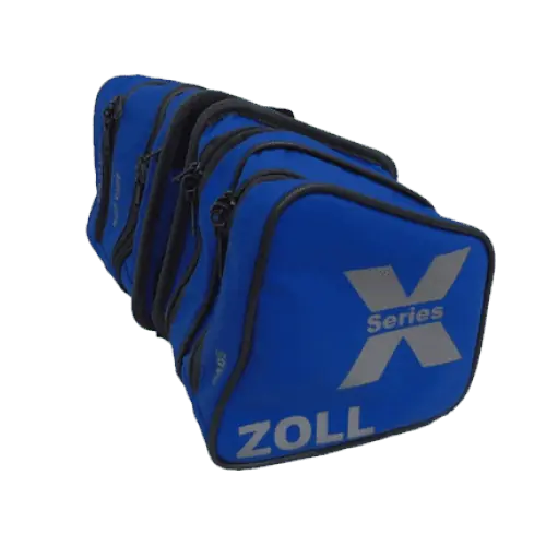 Blue Zoll X Series medical equipment bag with multiple compartments.