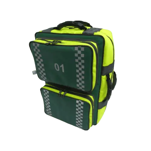 Green and yellow Response Paramedic Backpack – durable medical backpack with removable medical pouches designed for organised emergency response.