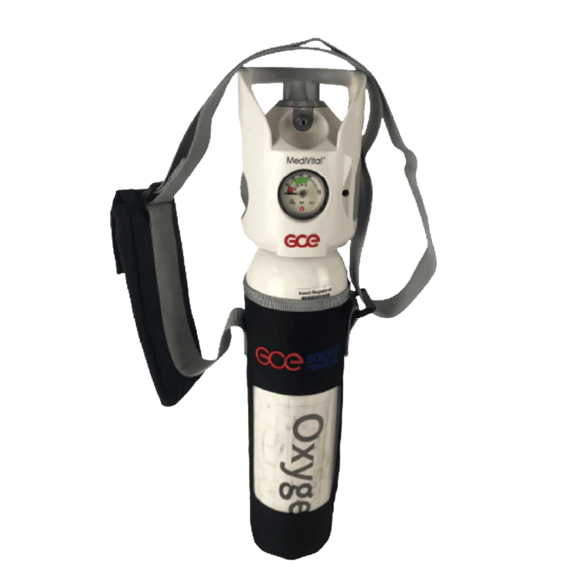 Cylinder Carry Sleeve Portable oxygen cylinder with regulator, pressure gauge and shoulder carry sleeve for emergency medical use.